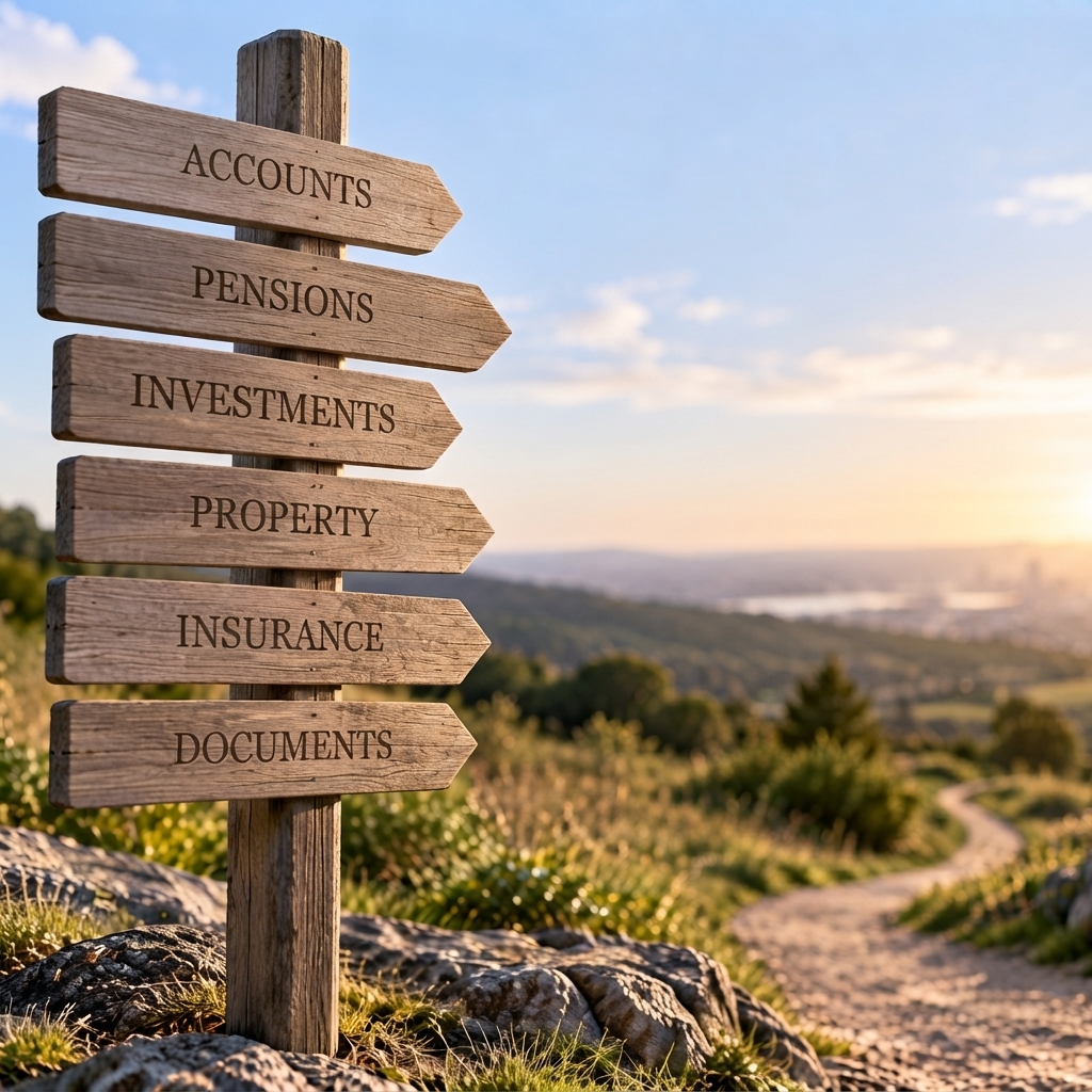 Wooden signpost for accounts, pensions, investments, property, insurance and documents beside a winding path at sunset.