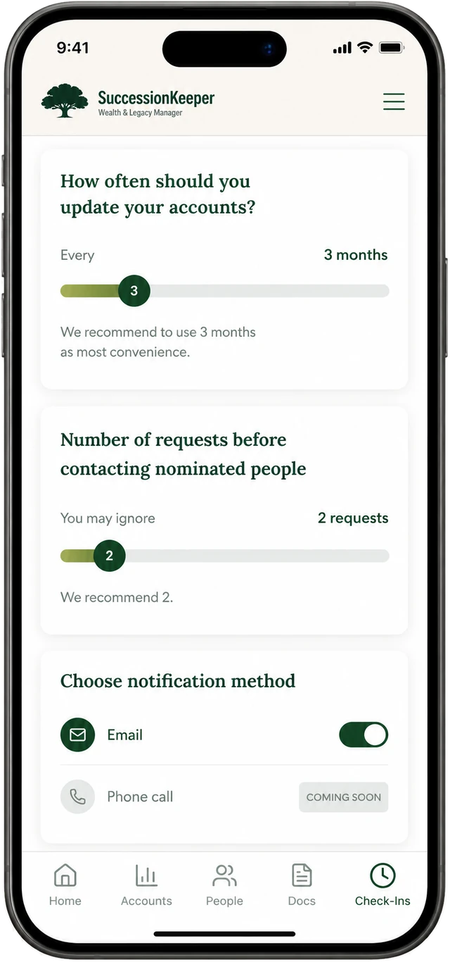 SuccessionKeeper check-in settings on a phone