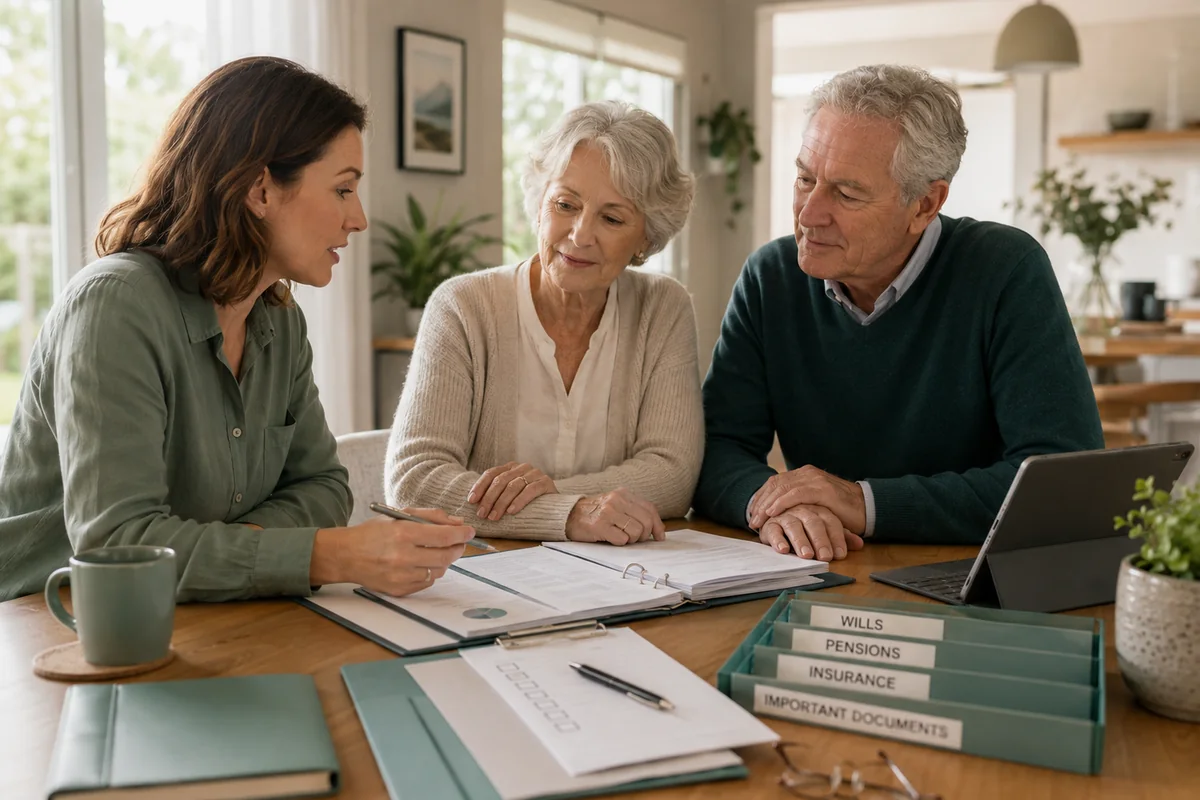 Adult child helping older parents review paperwork at home
