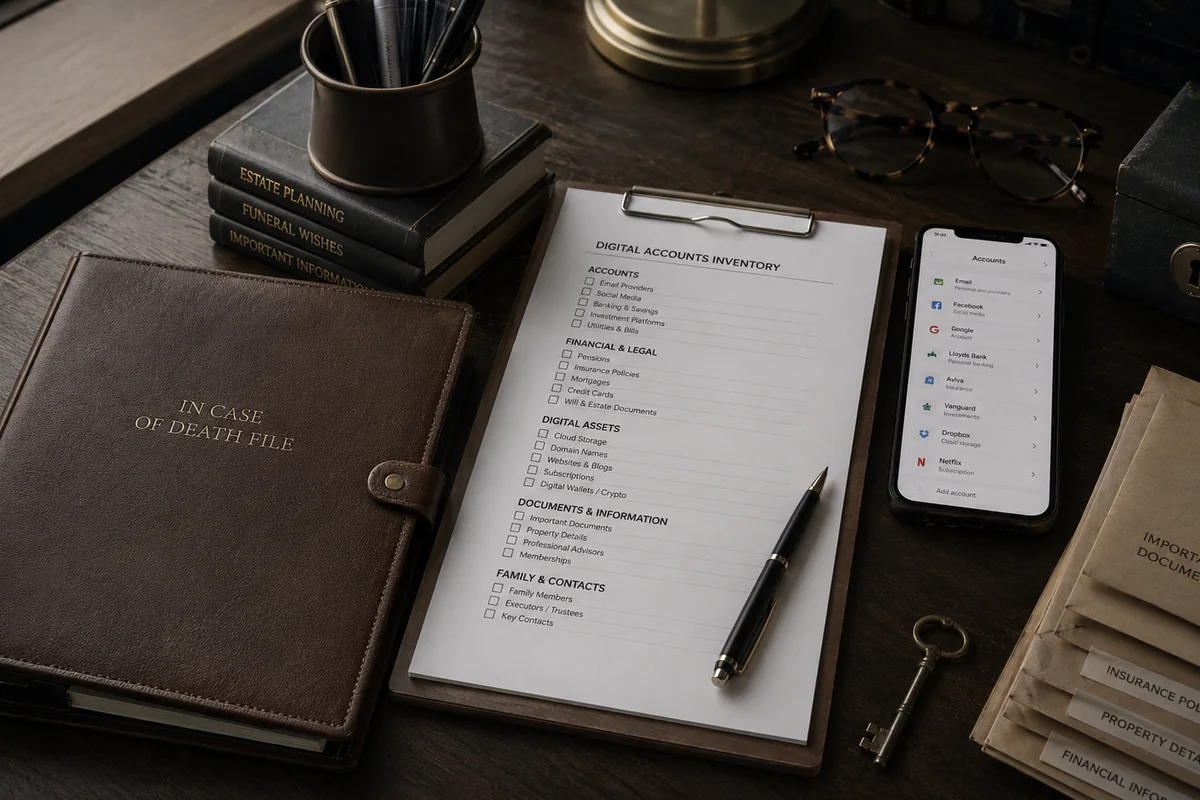 Will and estate planning documents arranged on a desk