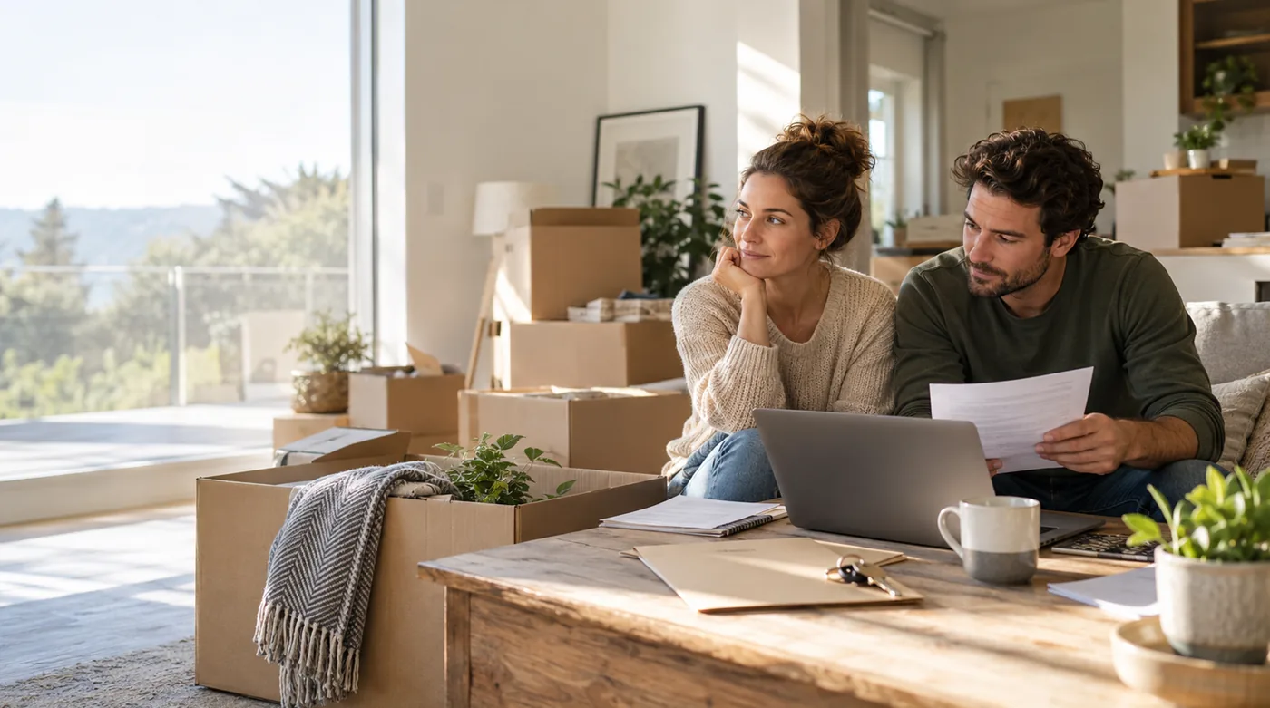 A couple sorting paperwork at a laptop among moving boxes in a new home