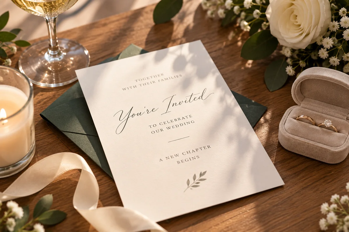 Wedding stationery, rings and flowers