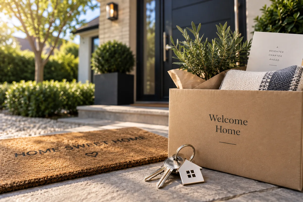 Front door, keys and moving box at a new home