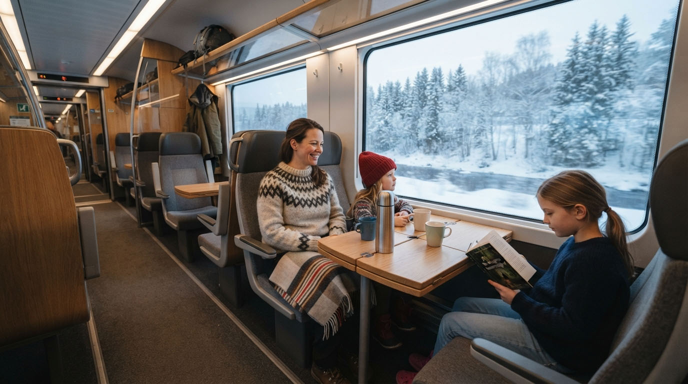 Woman and two girls seated around table inside train with snowy forest scenery outside window.