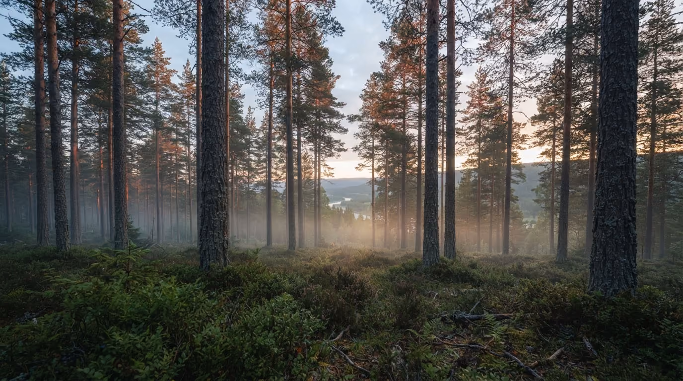 Mist rising in a dense pine forest at sunrise with distant hills and a winding river visible.