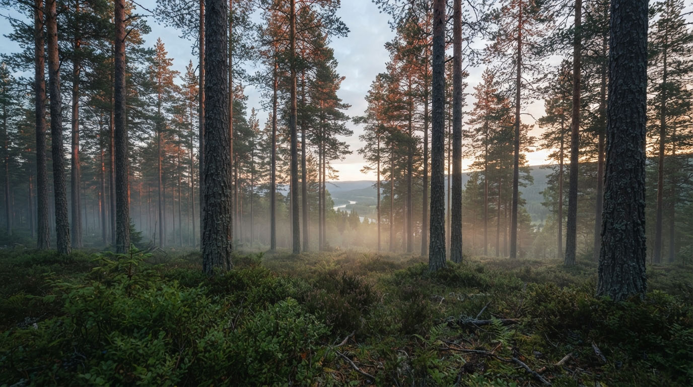 Mist rising in a dense pine forest at sunrise with distant hills and a winding river visible.