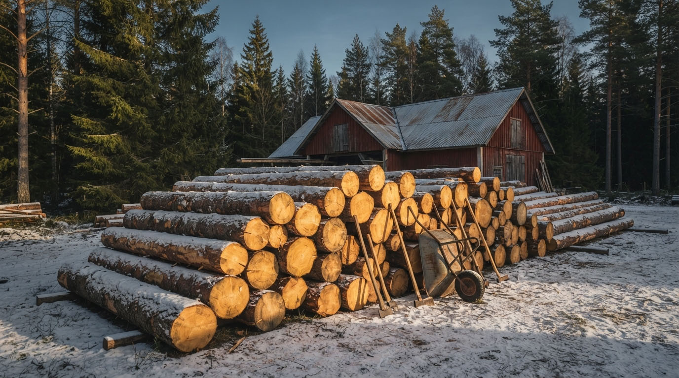 Stacked logs covered with snow near a red wooden building and forest under clear sky.