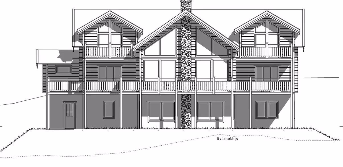 Architectural drawing of a two-story house with three gabled sections and central stone chimney.