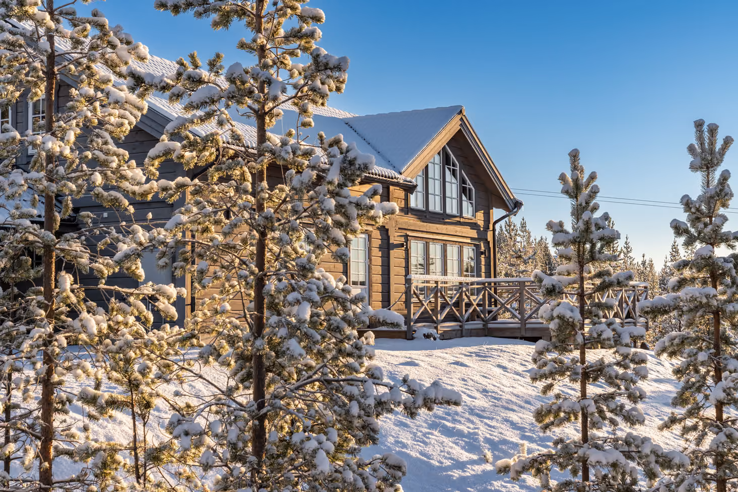 Snow-covered pine trees surrounding a wooden cabin with a snowy roof and deck at sunrise.