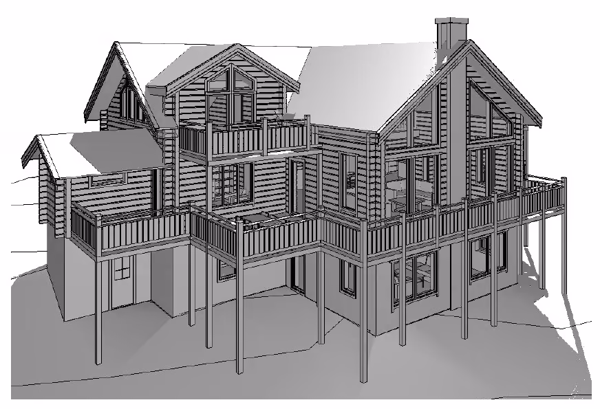3D architectural rendering of a two-story log cabin with large deck and multiple chimneys.