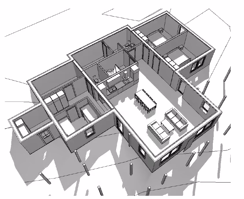 3D floor plan showing rooms with furniture including beds, couches, dining table, kitchen, and bathroom fixtures.