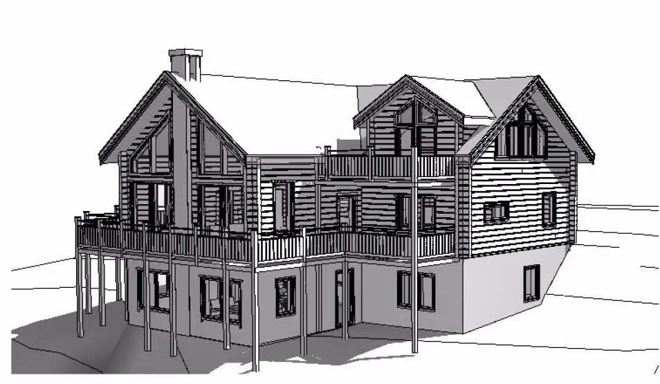3D rendering of a two-story modern wooden house with large windows and an extensive wraparound deck.
