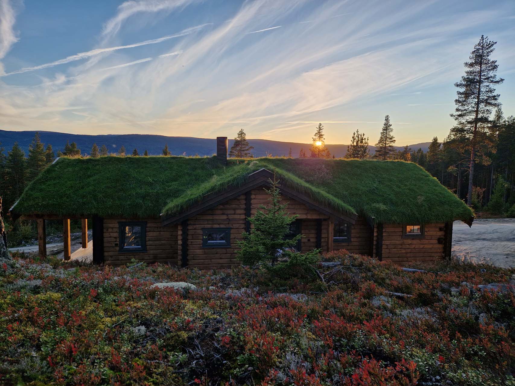 Trehyttet med gressdekke på taket omgitt av skog og busker i høstfarger under en solnedgang bak fjell i horisonten.