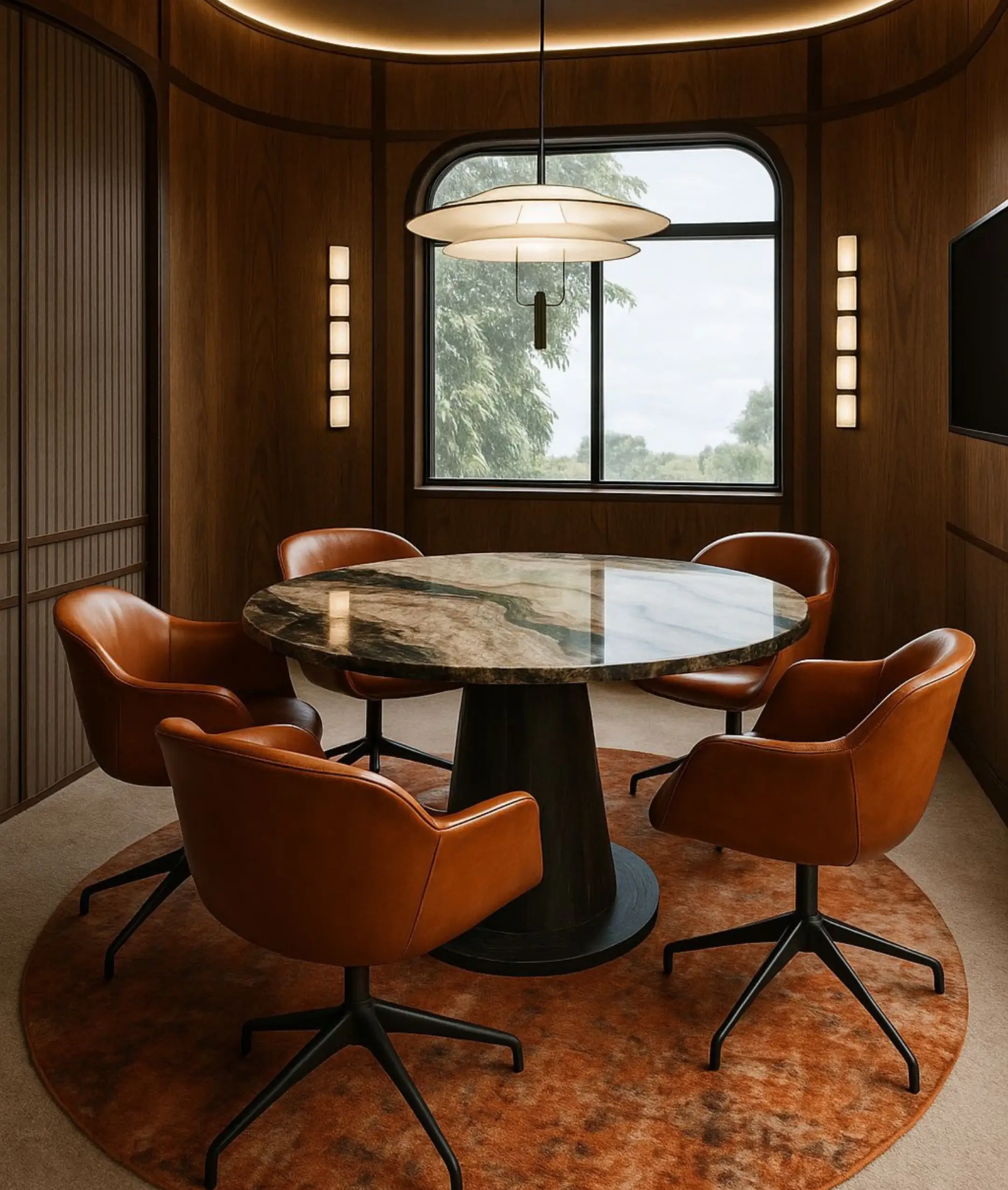 A circular meeting room with a round marble table, tan leather chairs, warm timber-panelled walls, and an arched window overlooking greenery.