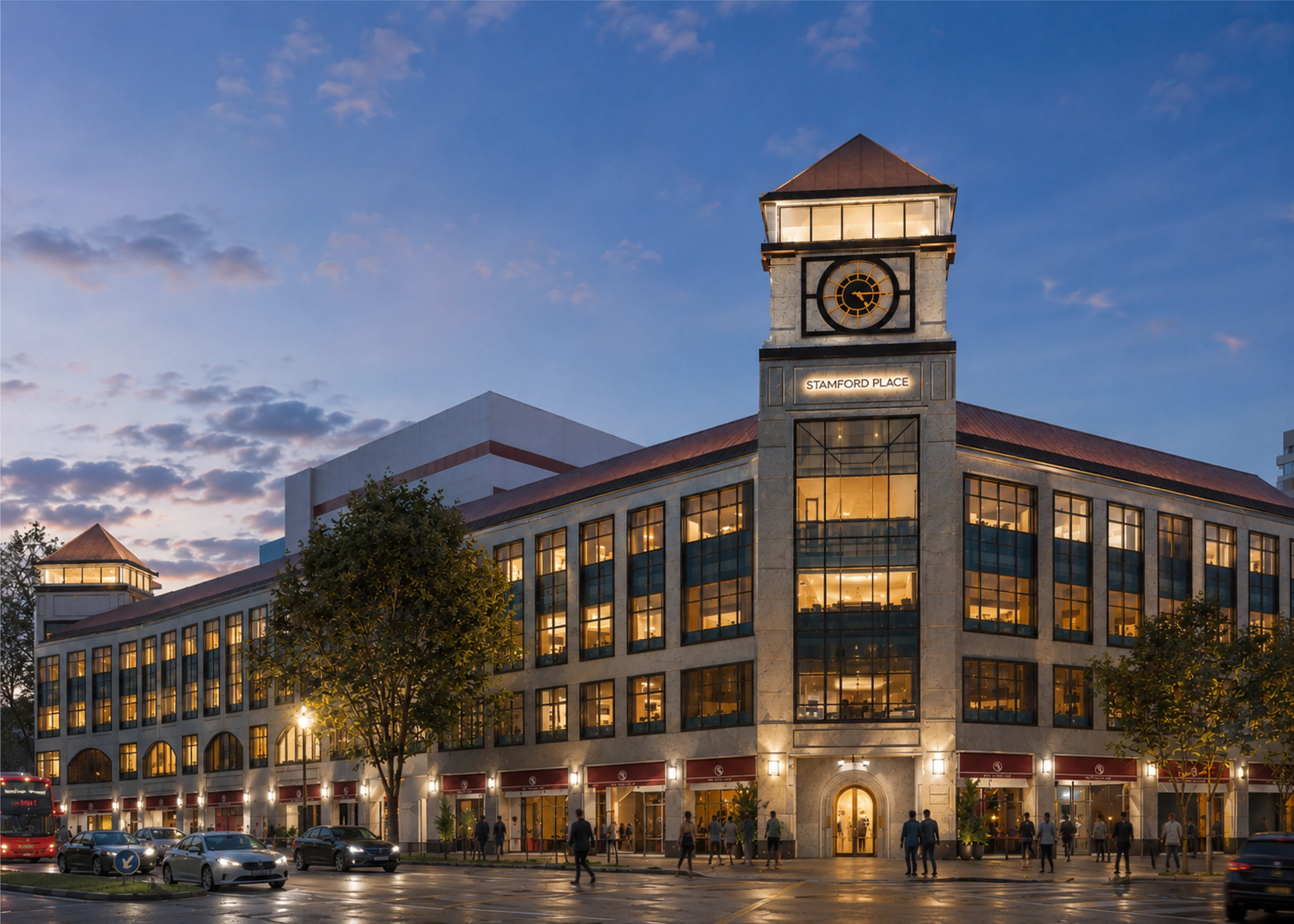 Stamford Place facade illuminated at dusk