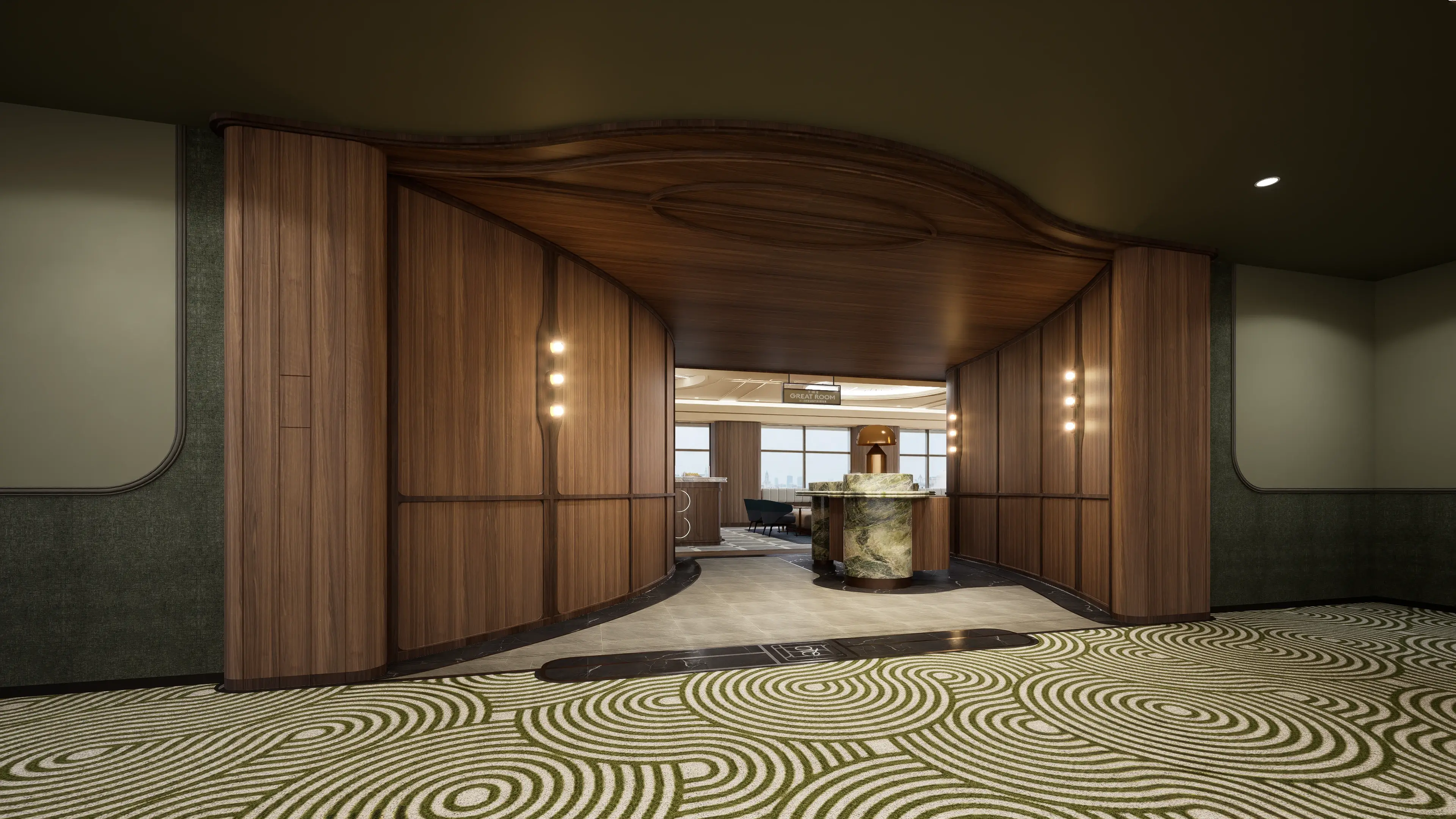 The Great Room reception entrance with a sculptural curved timber archway, green marble reception desk, brass lamp, and a patterned swirl carpet leading into the resident lounge beyond.