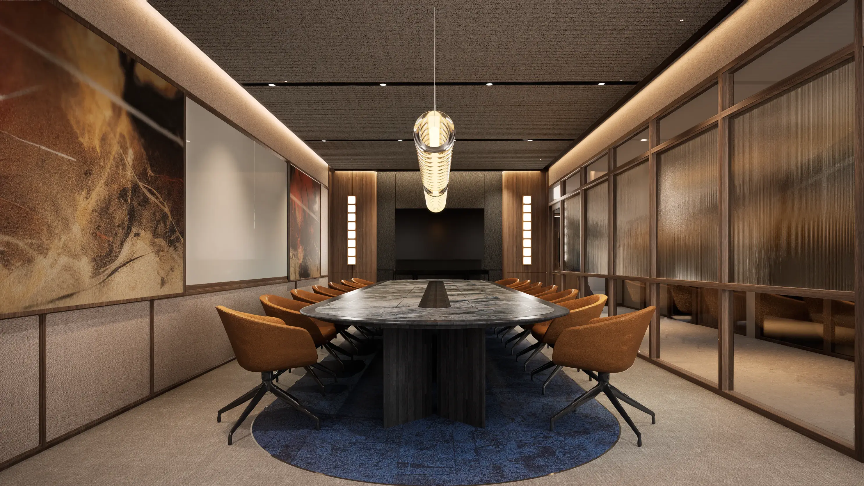 Wide-angle view of The Great Room boardroom with a large oval marble conference table, amber leather chairs, a statement glass pendant light, large-format abstract artwork, and a presentation screen.
