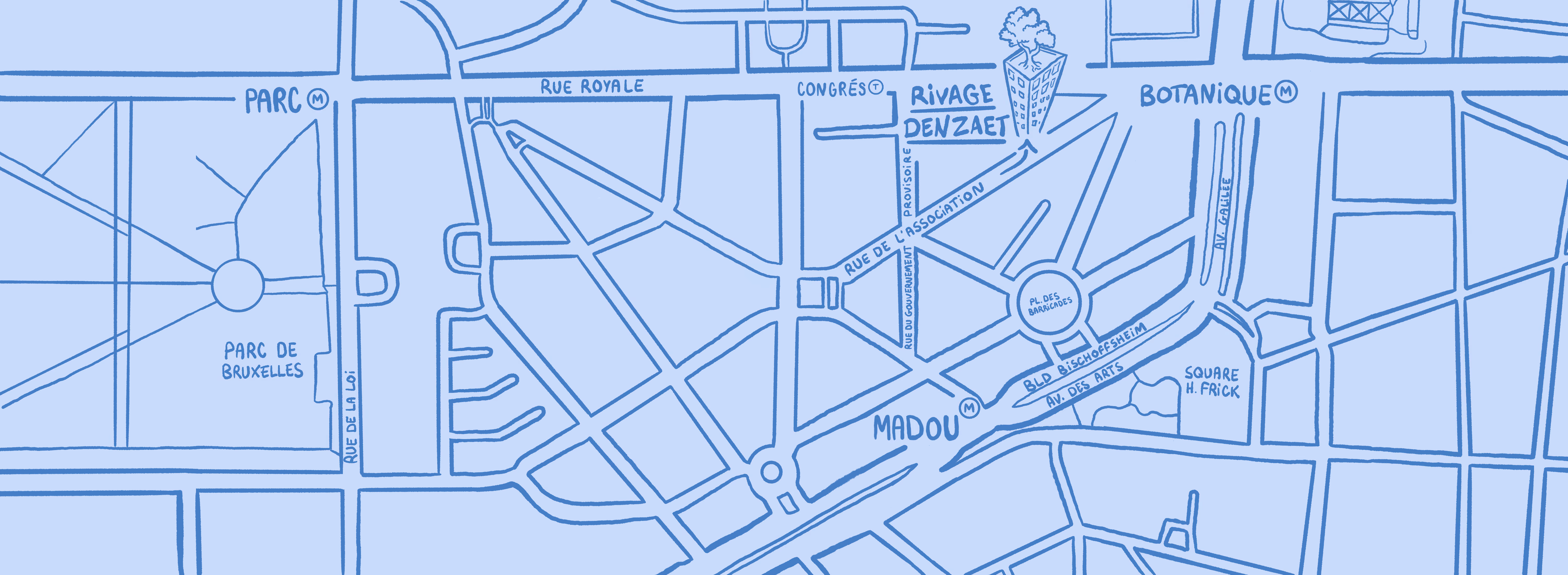 Hand-drawn map showing Parc de Bruxelles, Madou, and Botanique areas with street names and metro symbols.