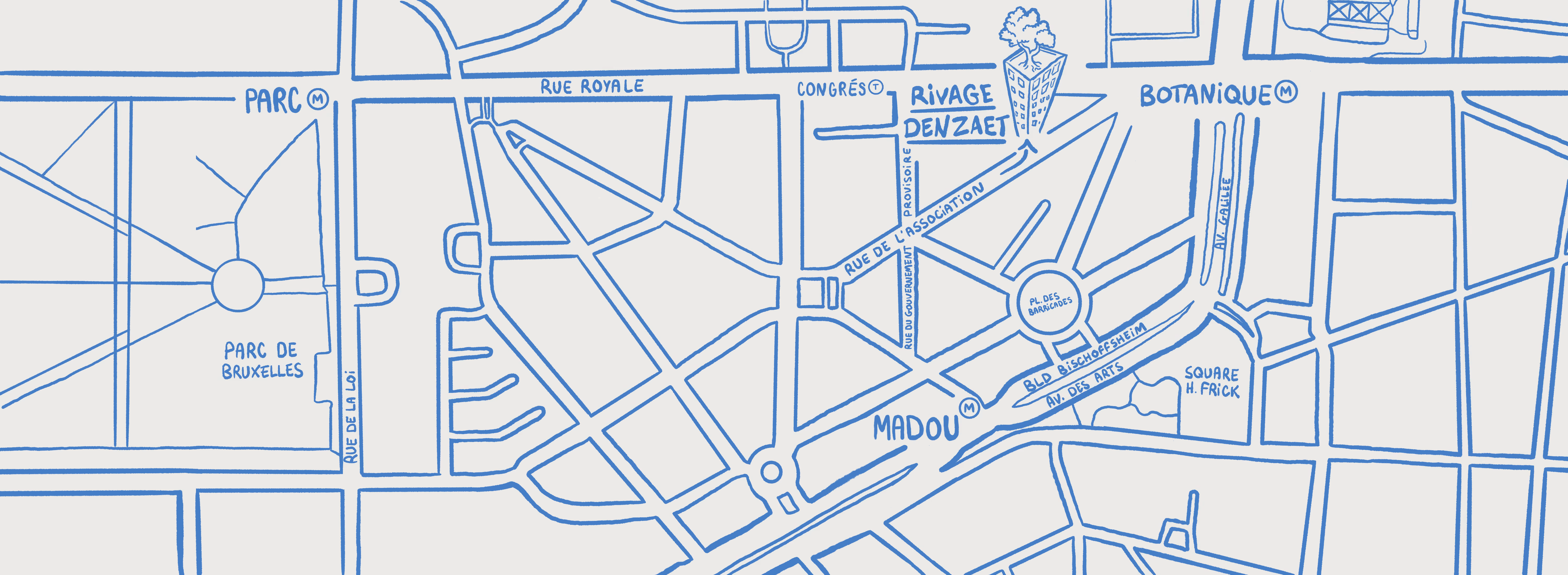 Hand-drawn map showing Parc de Bruxelles, Madou, and Botanique areas with street names and metro symbols.
