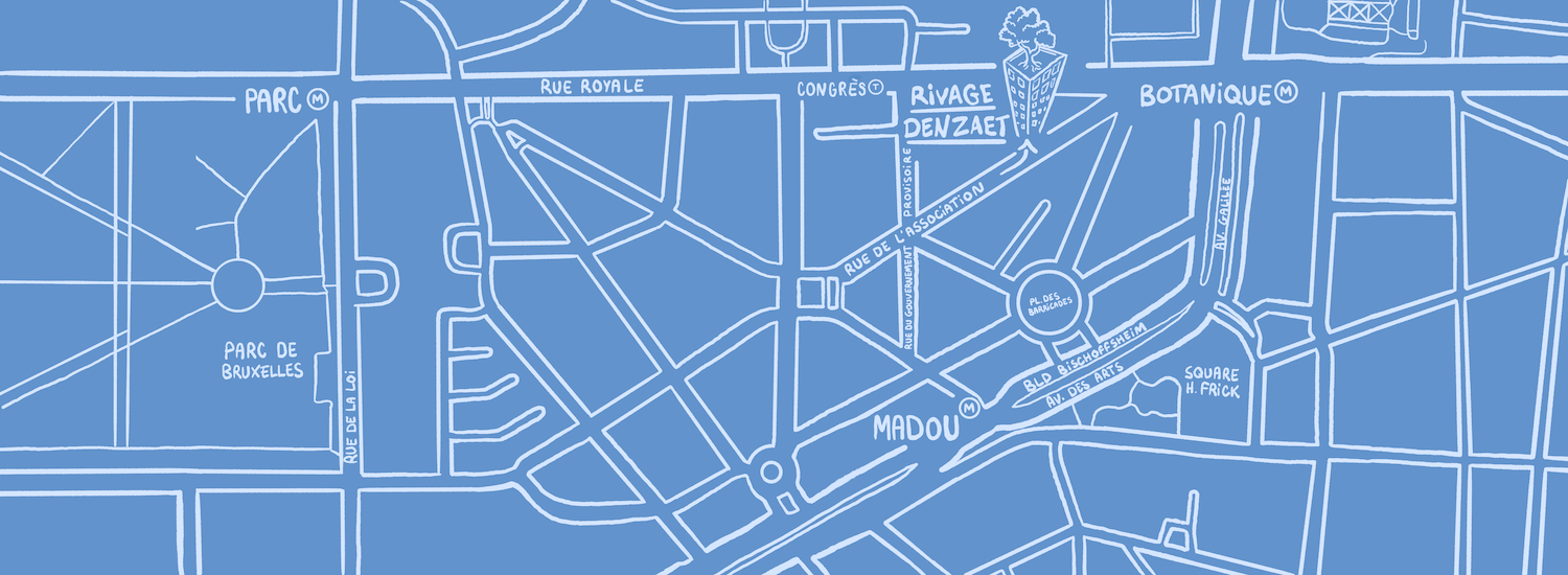 Hand-drawn map showing Parc de Bruxelles, Madou, and Botanique areas with street names and metro symbols.