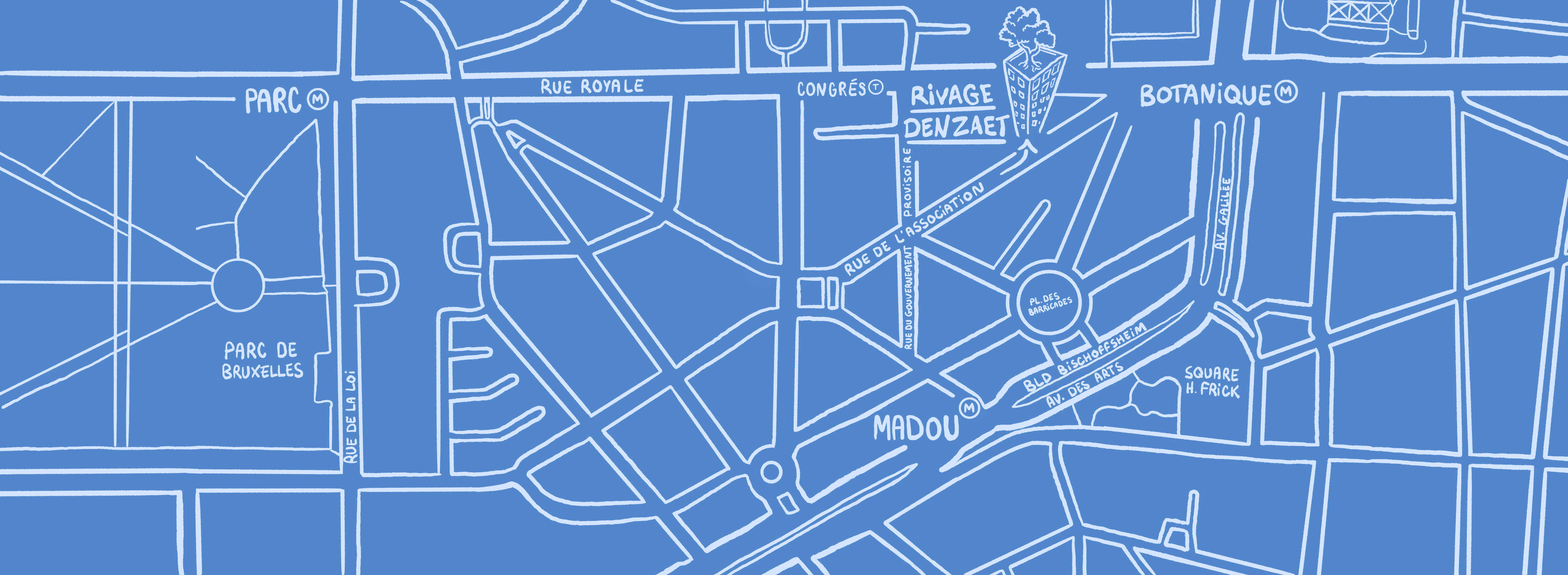 Hand-drawn map showing Parc de Bruxelles, Madou, and Botanique areas with street names and metro symbols.
