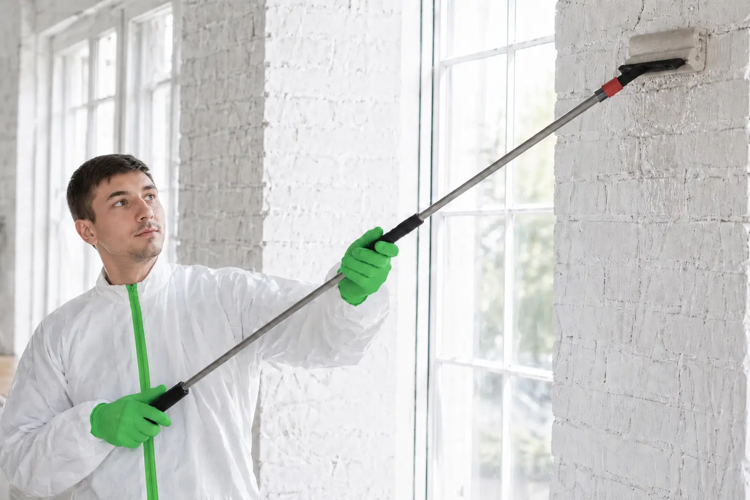 Handwerker in Schutzanzug und Handschuhen trägt mit einer Rolle am Teleskopstiel eine Cleanworxx-Wandbeschichtung auf eine weiße Ziegelwand auf.