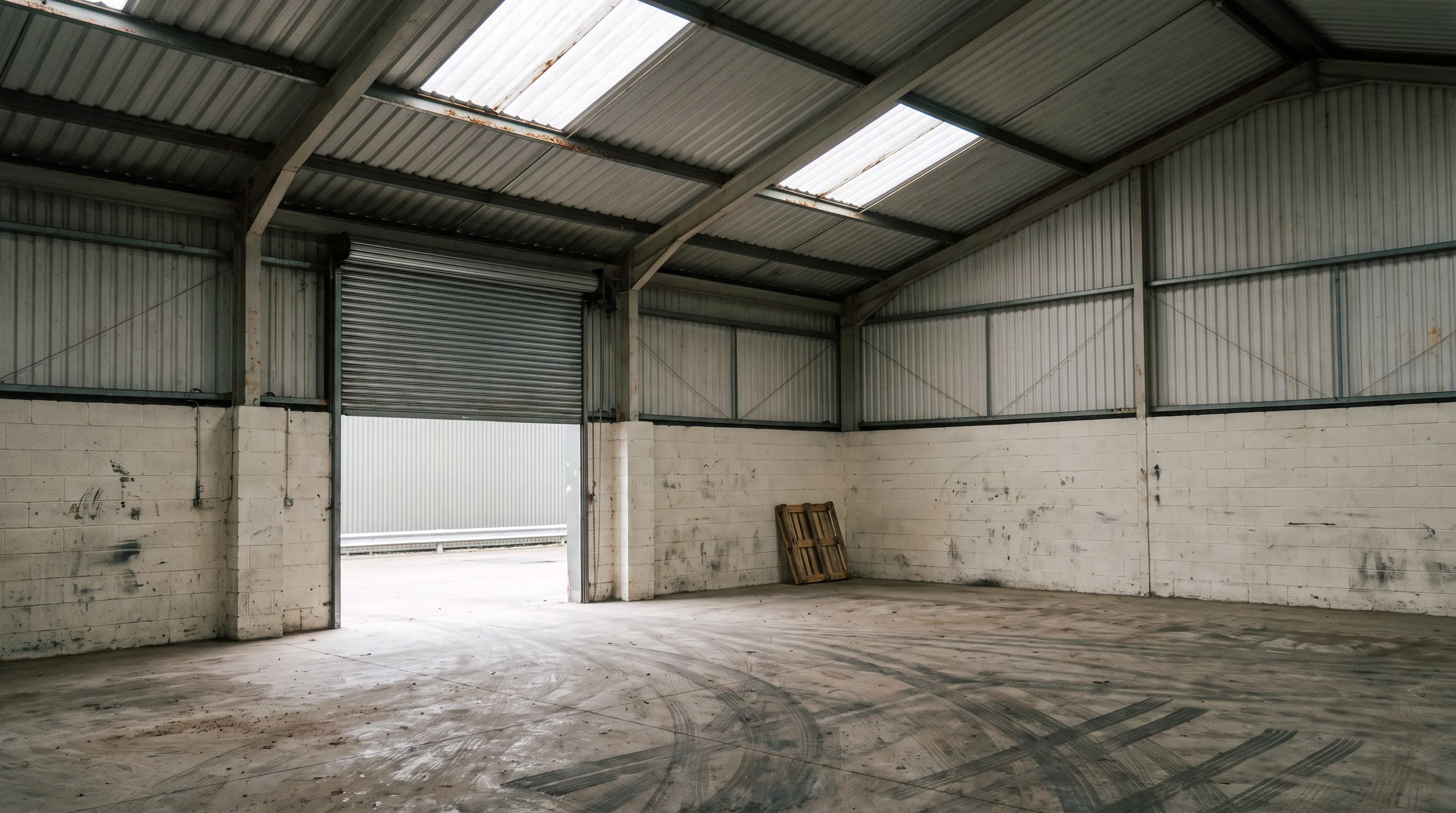 An empty small commercial unit with a corrugated steel roof and a roller-shutter door, seen from inside.
