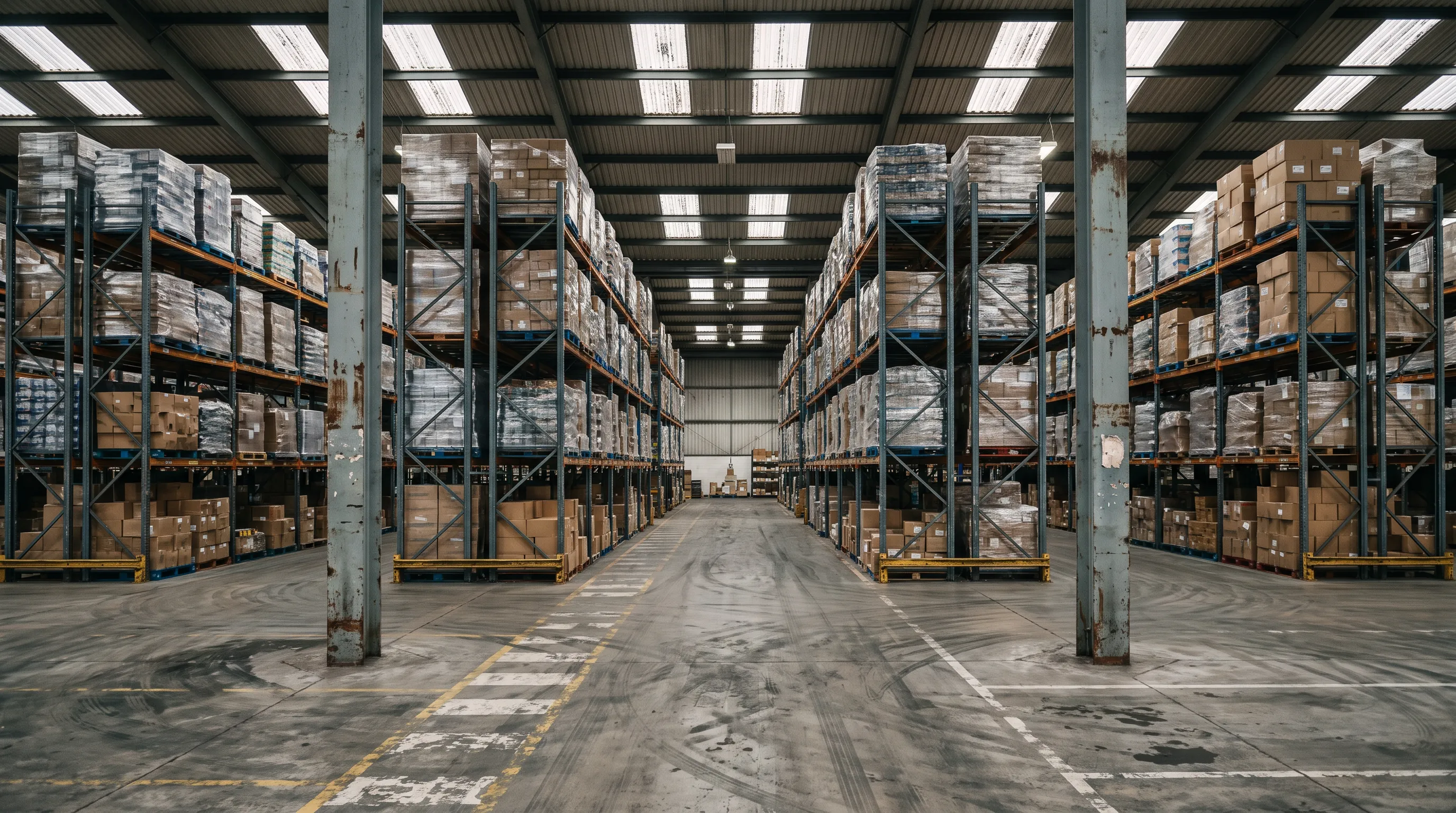 A mid-size warehouse aisle with tall pallet racking under rooflights.