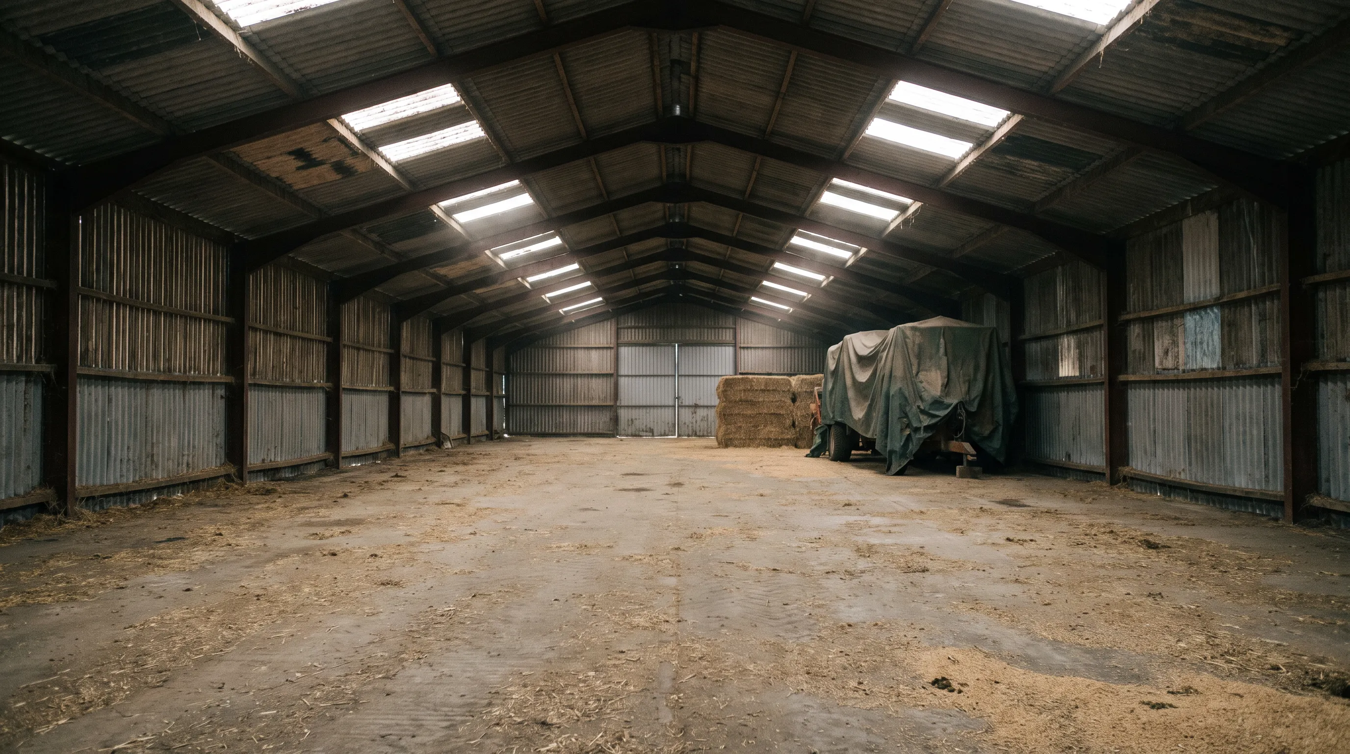 A large clear-span agricultural building with bales and covered machinery under an uninsulated roof.