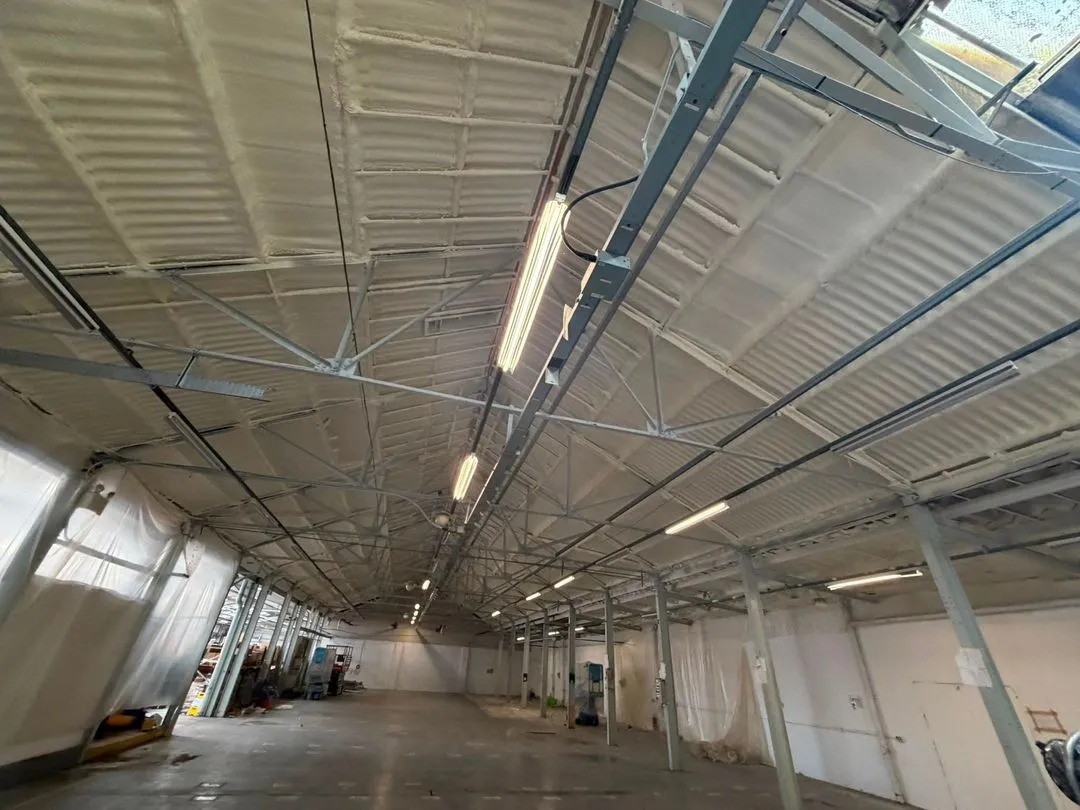 A long industrial unit seen along its length: lattice steel roof trusses and a profiled metal roof sprayed from beneath, strip lights hung below, the floor cleared for the work.