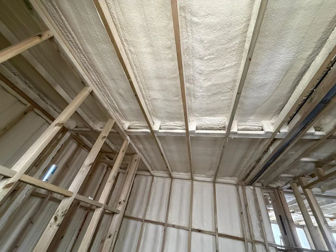 A container conversion before fit-out with the whole shell sprayed in closed-cell foam, doors open to daylight.