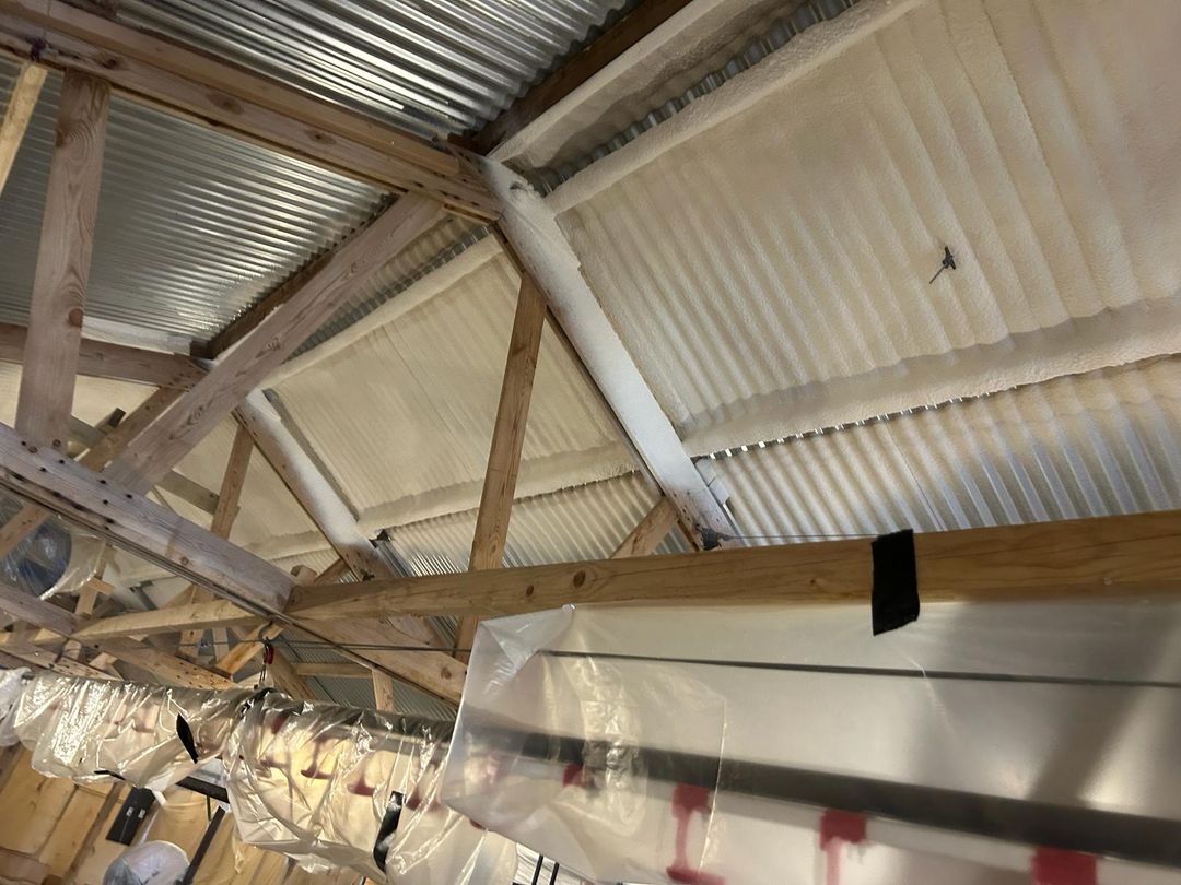 A corrugated metal roof on timber rafters sprayed from beneath in a pale closed-cell layer, polythene masking below.