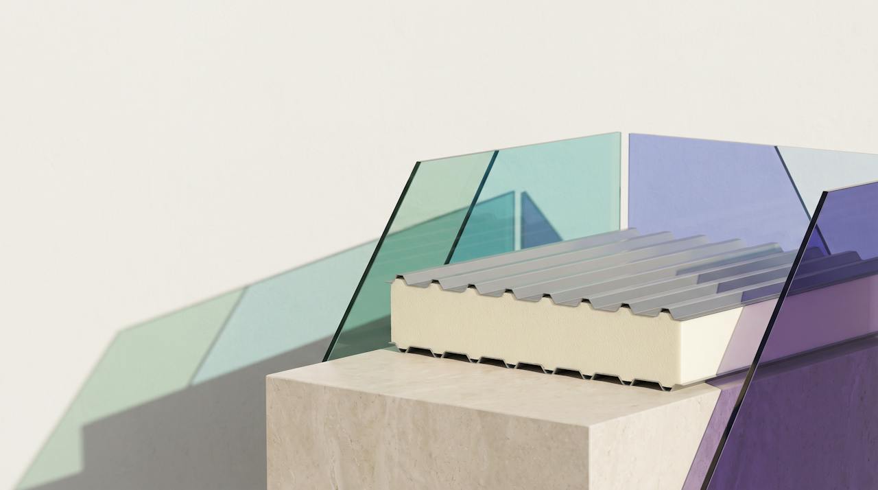 Pale mineral light across the underside of a large commercial roof, sea-glass to violet along the purlins, in HOLVEM's own tones.