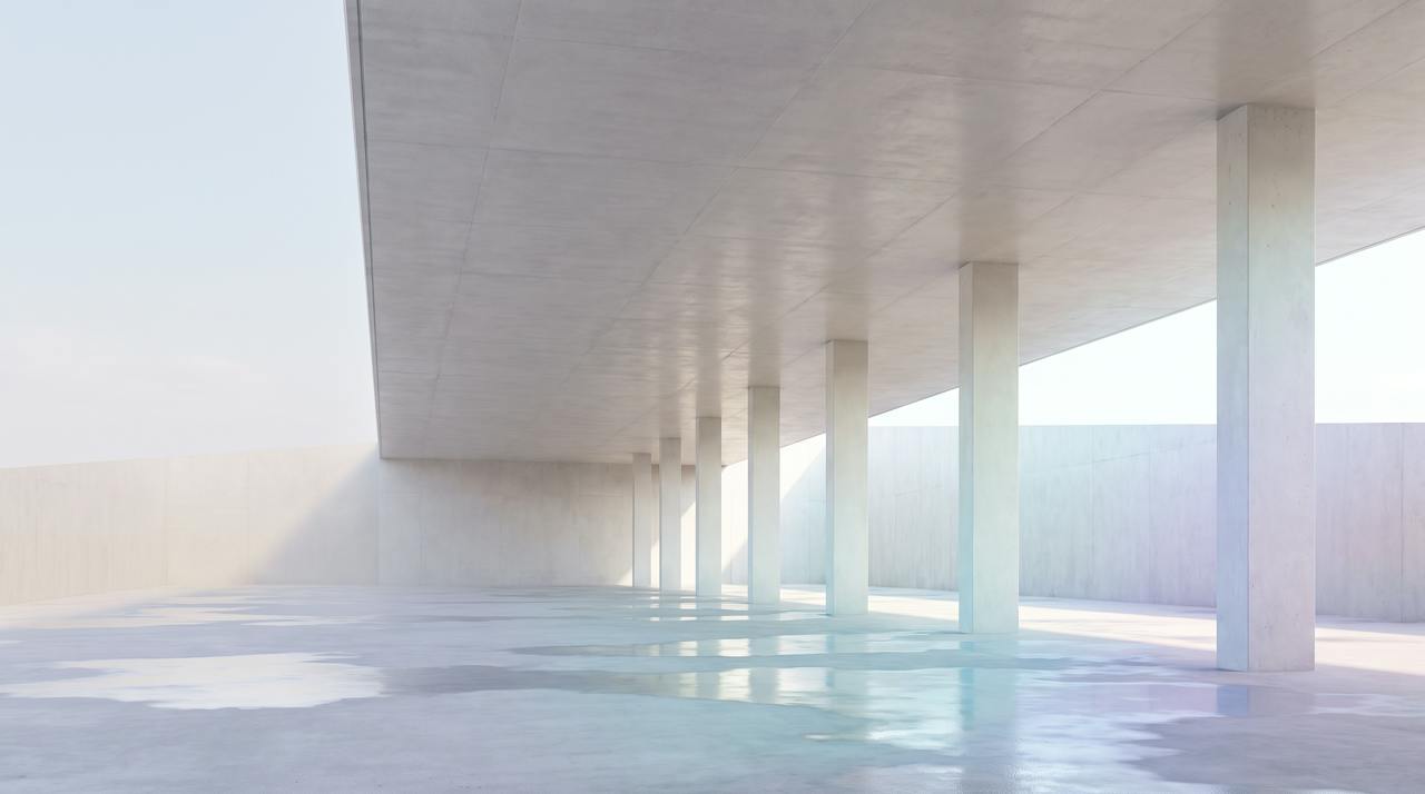 A concrete undercroft: bare soffit, downstand beams and columns.