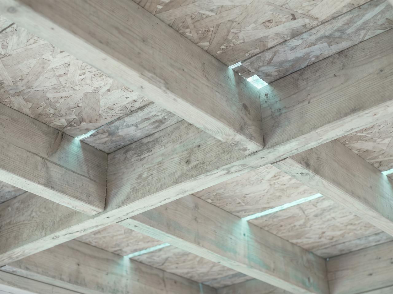 A close detail of the underside of a bare flat roof deck between timber joists, plywood grain and nail heads visible, dark staining at one joist.