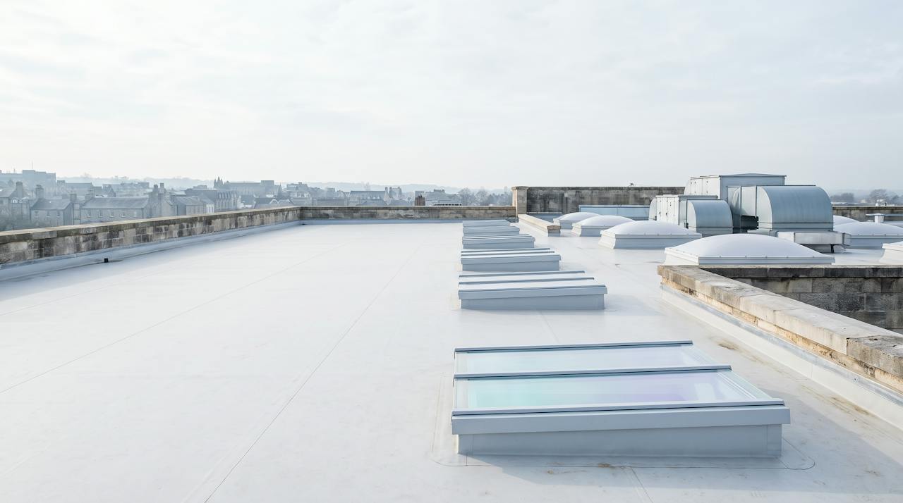 A flat commercial roof deck with upstands and rooflights under pale daylight.