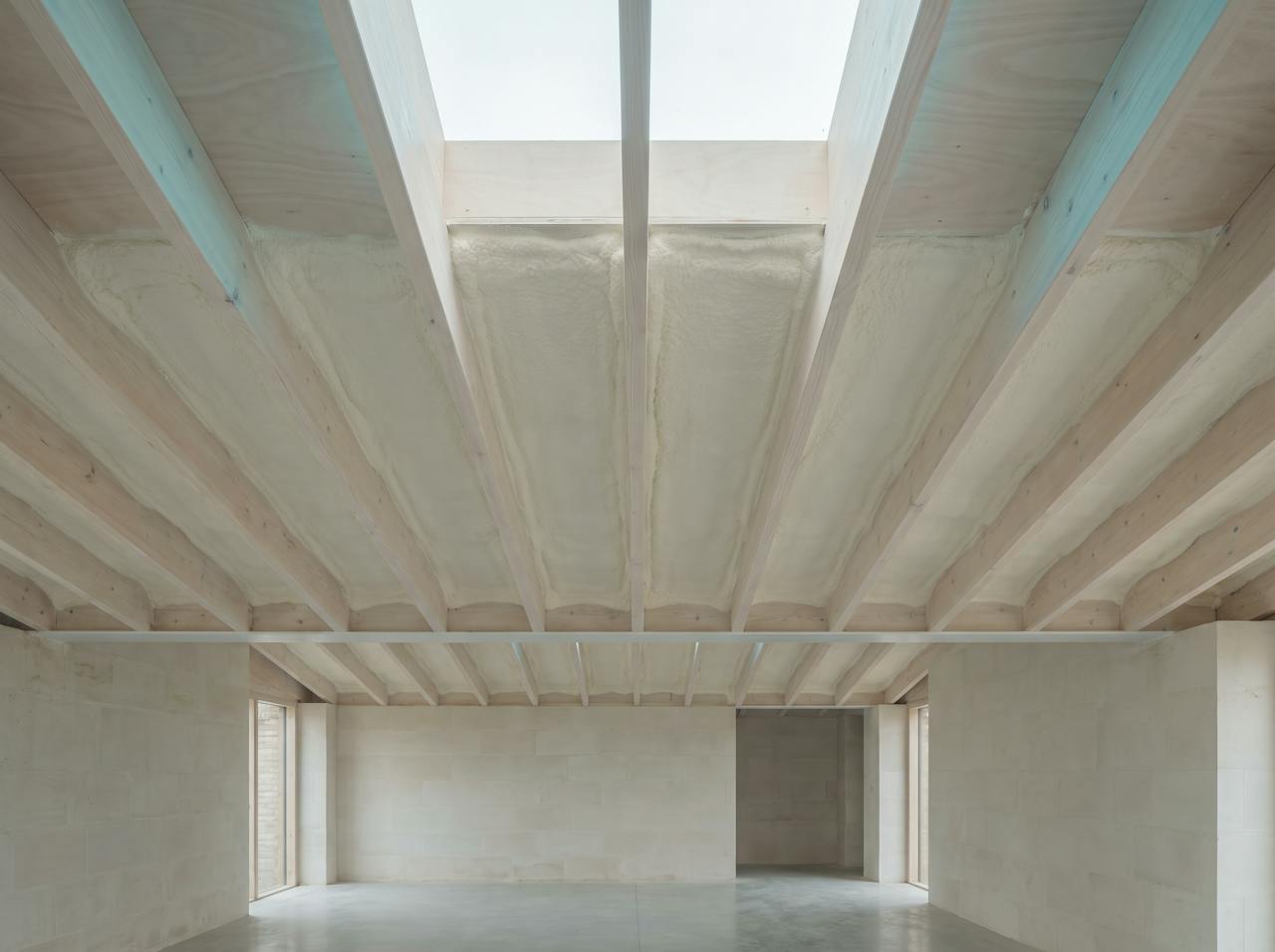 The underside of a flat roof deck between timber joists with a continuous cream closed-cell layer against the deck, the joist faces left visible, even soft light.