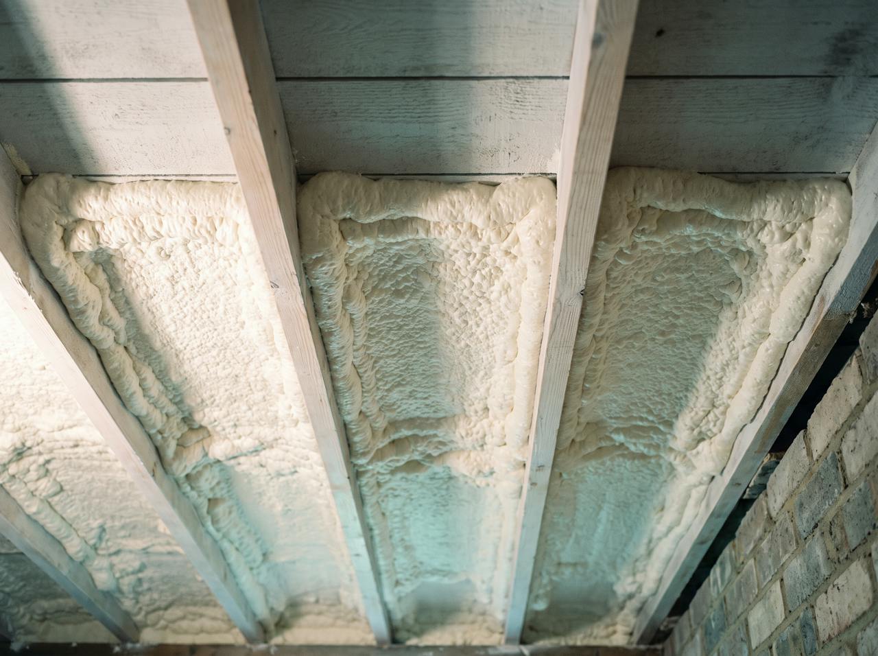 The underside of a suspended timber floor with a continuous cream closed-cell layer against the boards between every joist, the joist bottoms left bare, seen from the void.