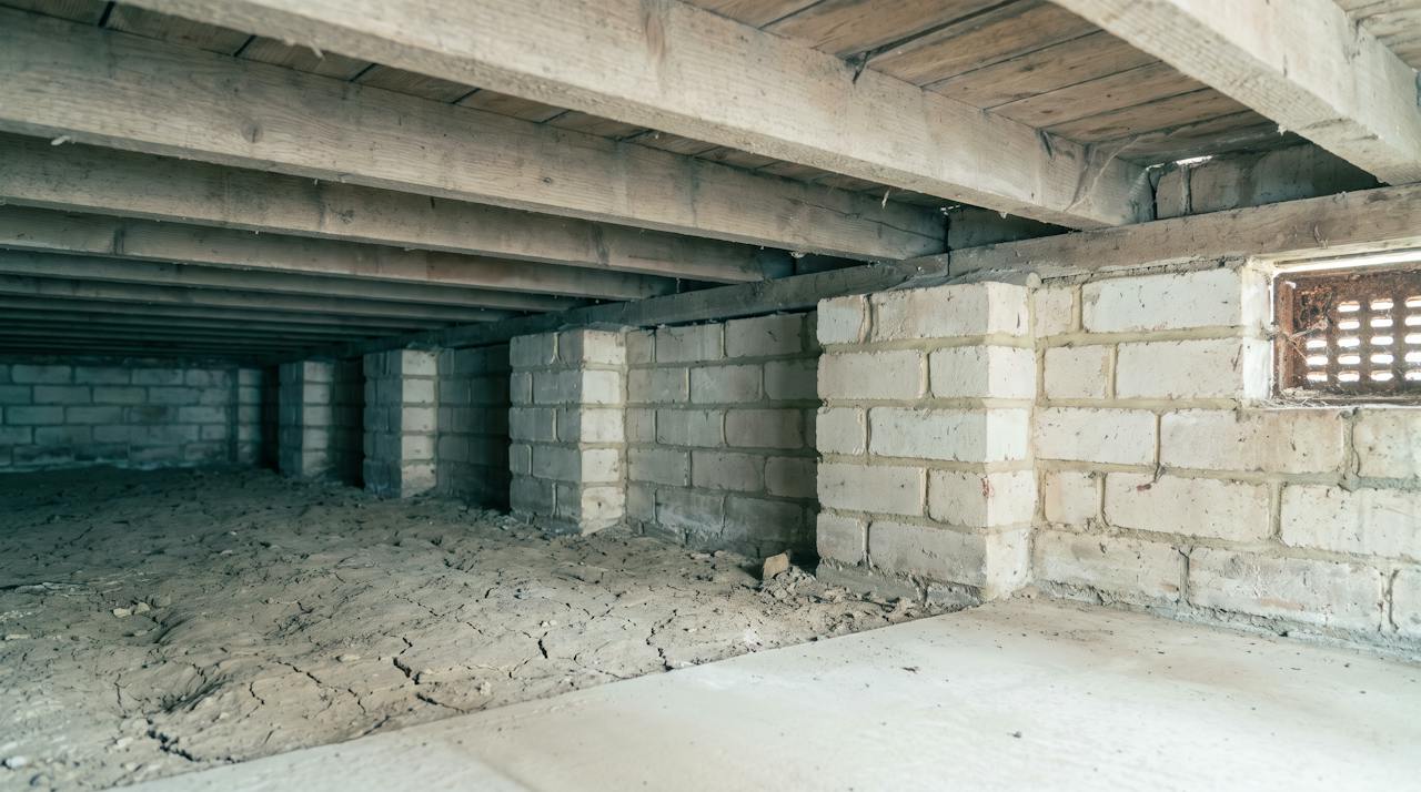 The underside of a suspended timber floor between joists, seen from the void.