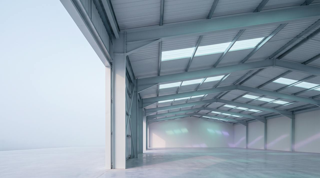 The underside of a large profiled metal roof at first light, purlins and rooflights.