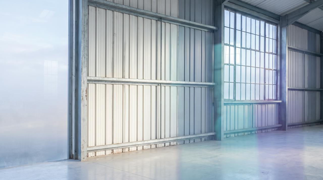 The inside face of a metal-clad wall with steel rails, before lining.