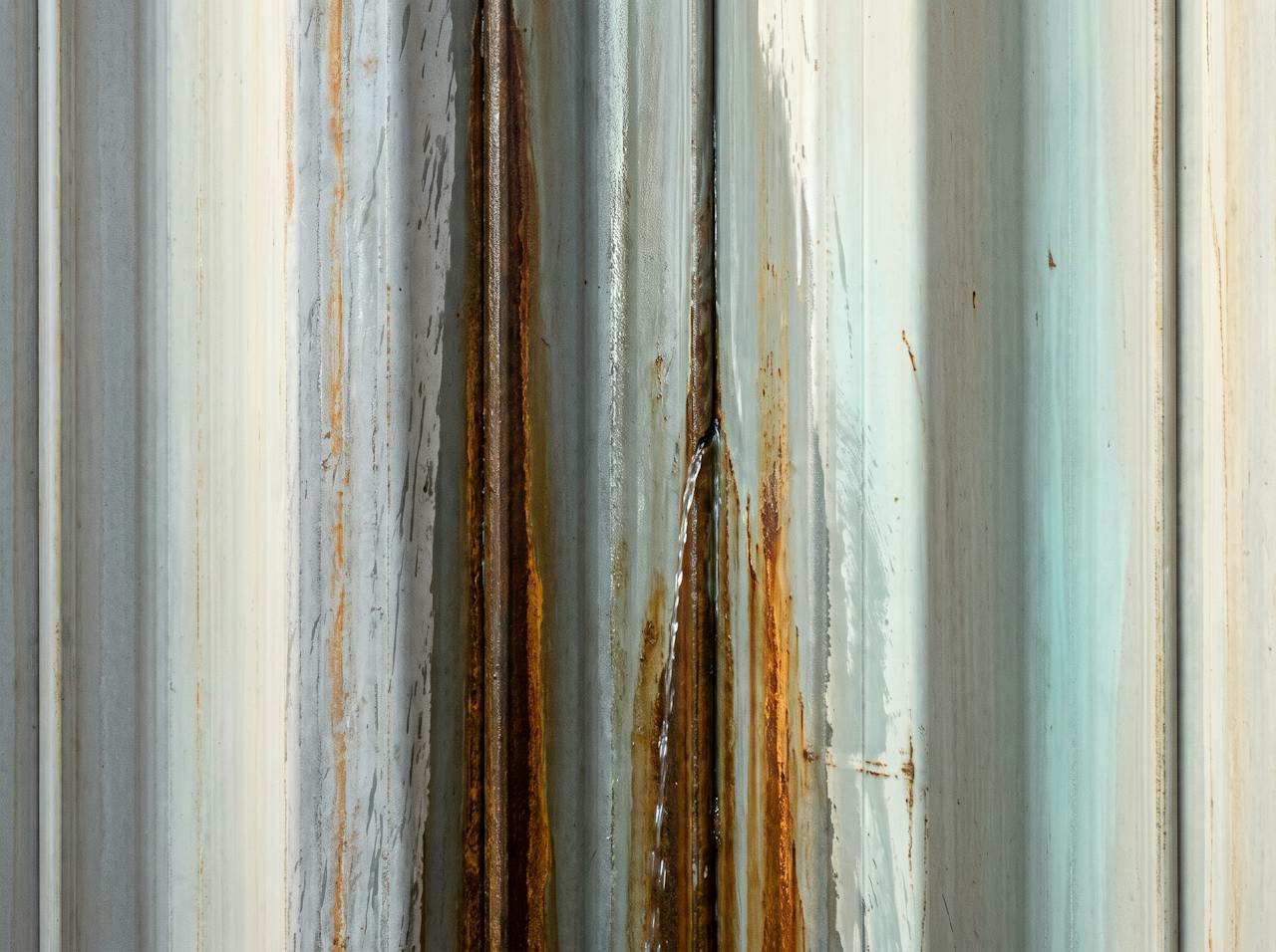 A close detail of bare steel sheet piling seen from the inside, the deep zigzag profile, rust bloom on the steel and a dark tide line of damp near the floor.