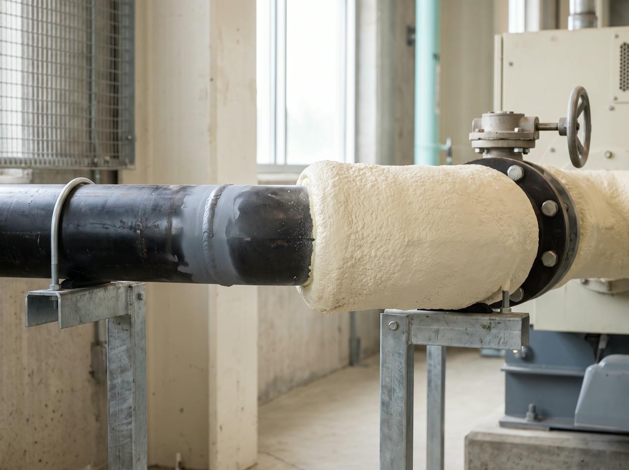 A run of pipework wrapped in a smooth, continuous cream closed-cell sleeve finished in a pale protective coating, cut back neatly at a support bracket and a bend.