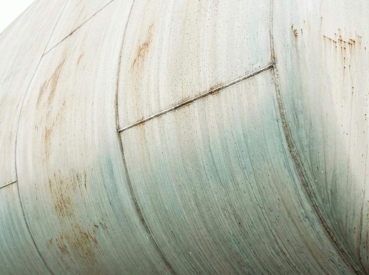 A close detail of a bare steel tank shell with a flanged nozzle, faded paint, rust streaks running down from the flange bolts and a tide line of condensation.