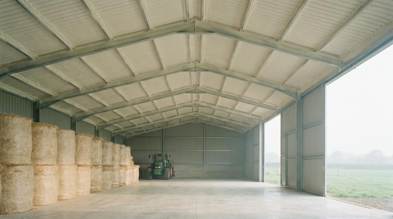 Inside a modern farm barn: the underside of the corrugated roof sprayed in a continuous cream closed-cell layer, straw bales stacked below and fields beyond the open doors.