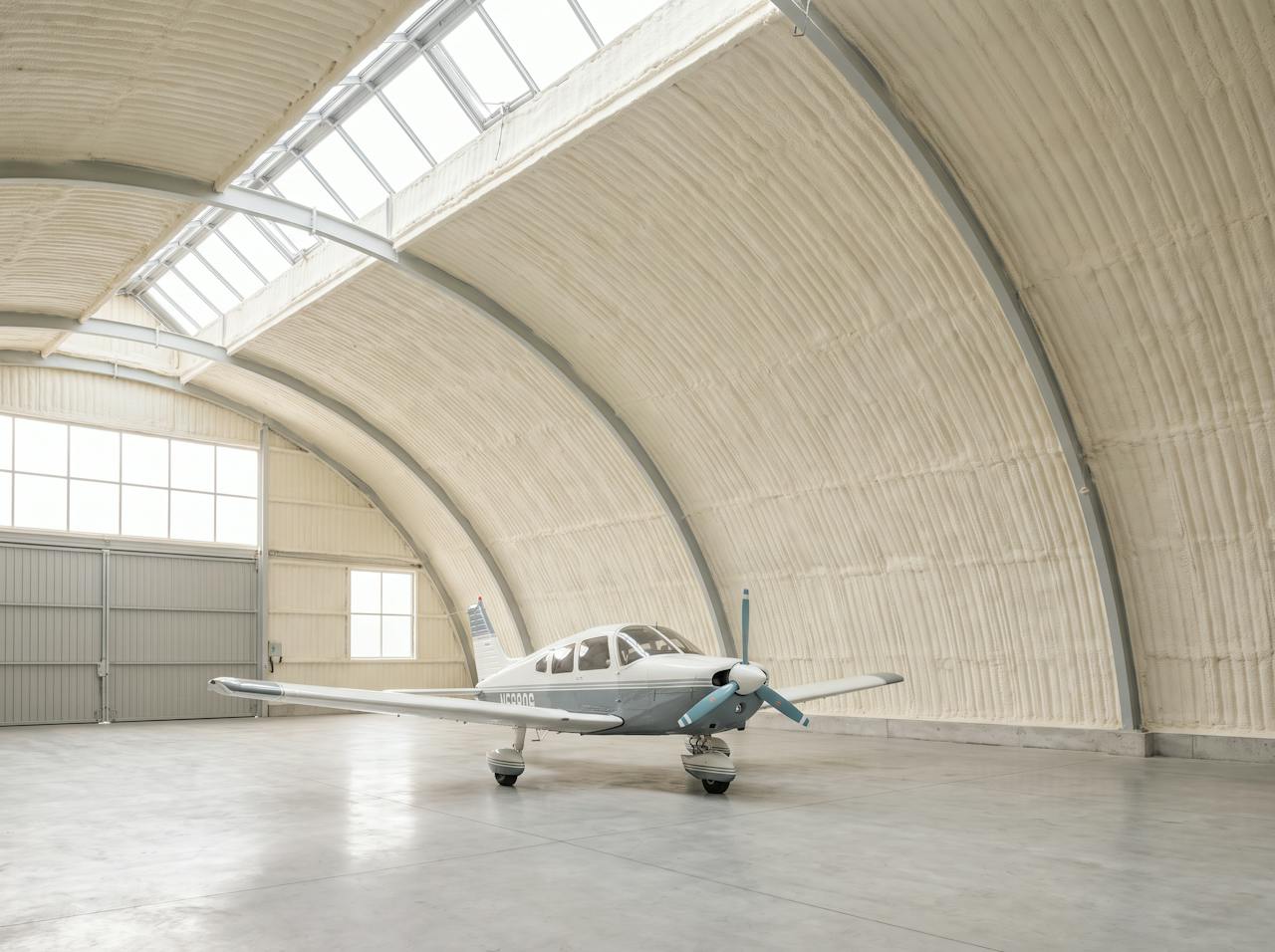 The same hangar roof after treatment: a continuous cream closed-cell layer following the sheet between the trusses, the steel trusses left exposed.