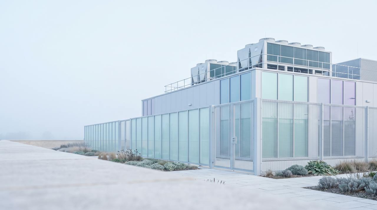 A UK data centre exterior at dusk: a long, low steel-clad hall with a shallow roof, external cooling plant and generators behind a fence, pale cladding under a cool sky.
