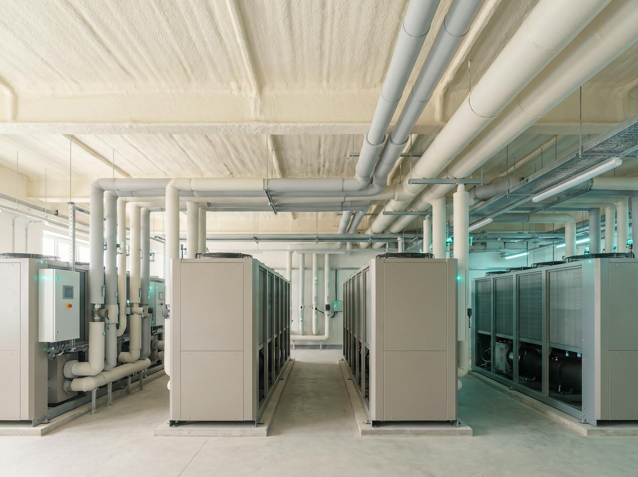 Inside a data hall at shell stage after the work: the profiled steel roof, purlins and upper walls in a continuous cream closed-cell layer, cable containment routes and cooling ductwork being installed beneath.