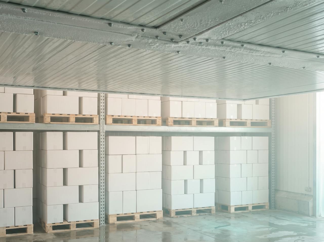 Inside a chill room: frost and ice built up along the joint between two insulated ceiling panels and around a penetration, a drip stain on the floor beneath, boxed stock on racking to one side.