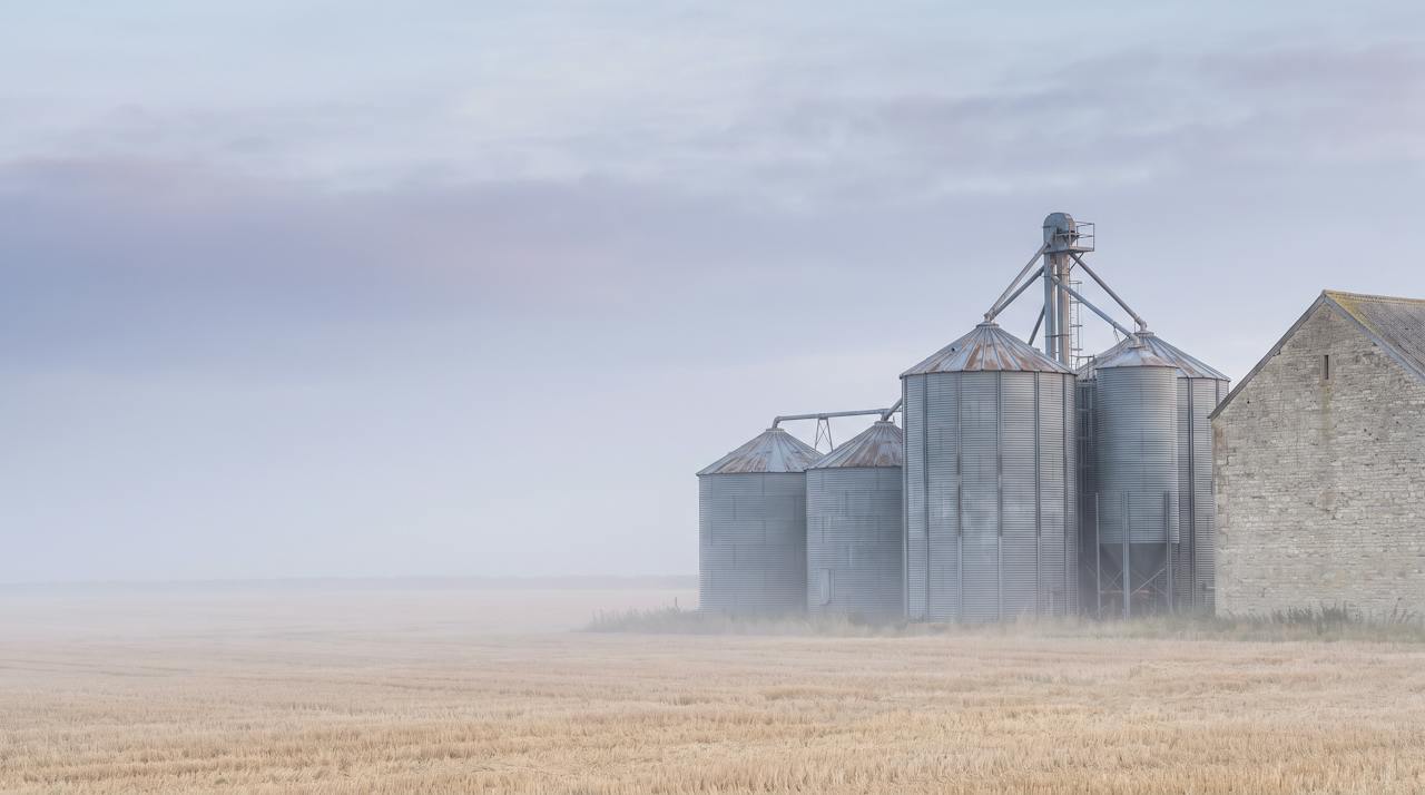 Steel grain silos beside a farm store on a pale morning.